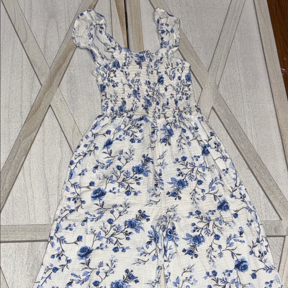 Floral Blue and White Girl’s Summer Jumpsuit - Picture 7 of 9